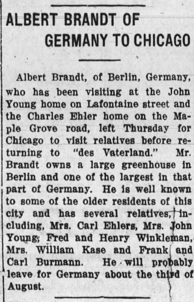 Albert Brandit Relitive to Carl Burmann Germany to Chicago