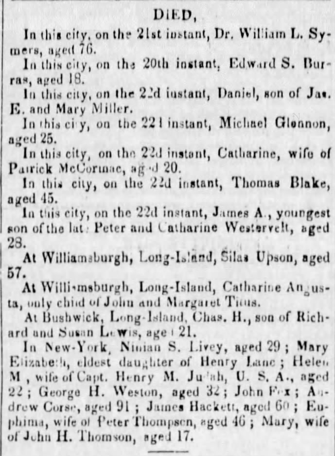 Death Notice of Charles Henry Lewis in "Brooklyn Evening Star" (D/O/D: November 1852)