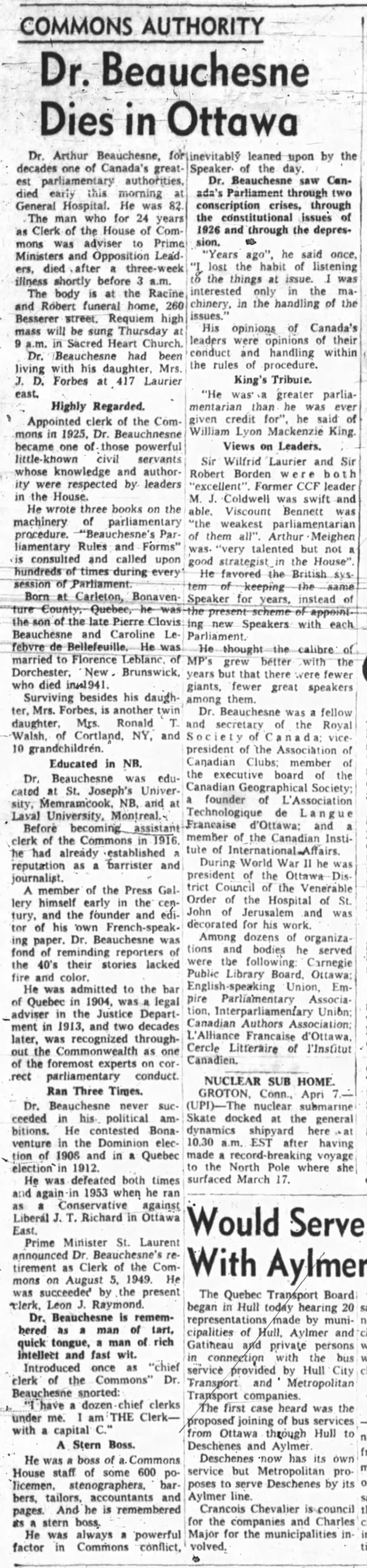The Ottawa Journal,
7 April 1959, page 5, cols. 1& 2.