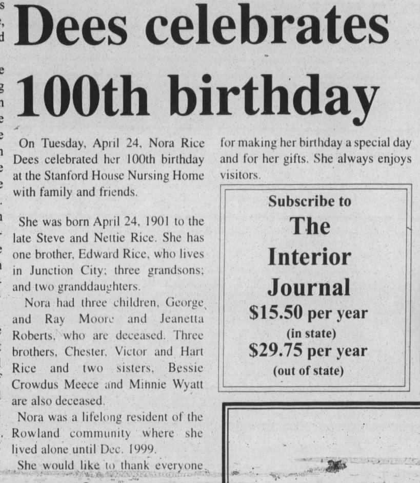 Nora Rice Dees celebrates her 100th birthday