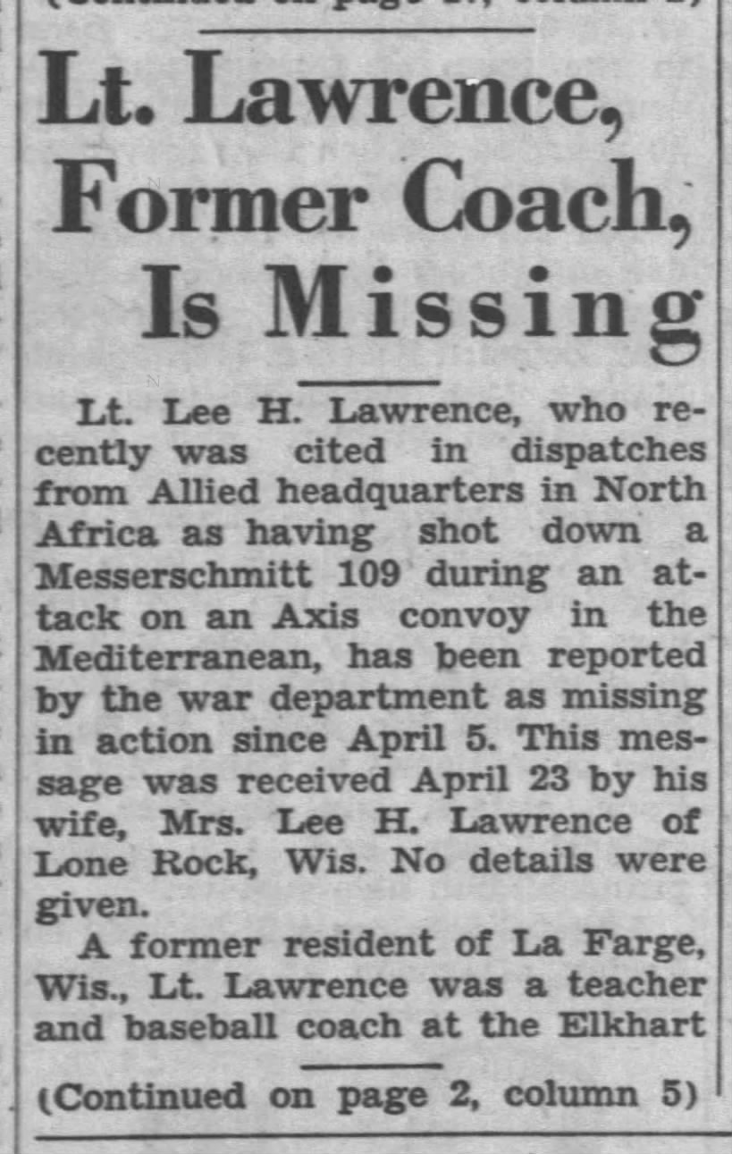 Lee Lawrence missing in action 27 Apr 1943