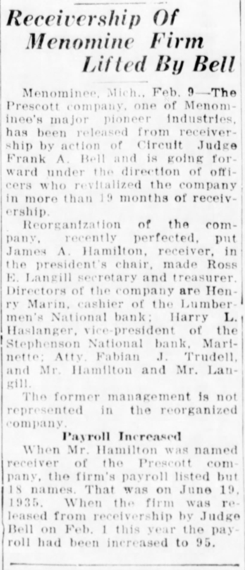Harry Haslanger 10 Feb 1937 Escanaba Daily Press