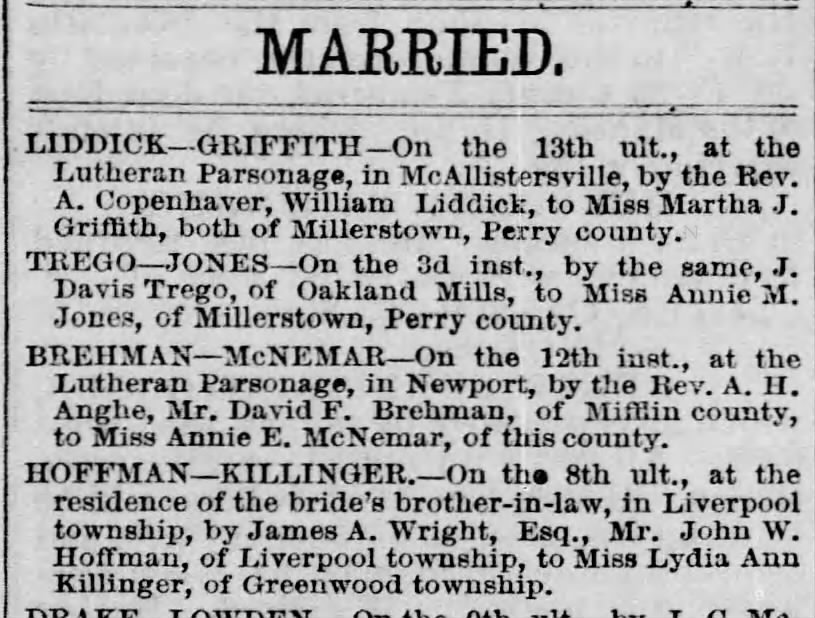 Lydia Killinger marriage to John Wesley Hoffman Perry County, Penna. 18 Dec 1872