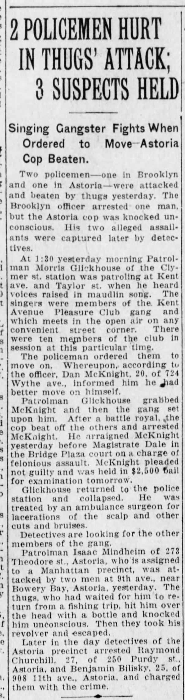 Patrolman Morris Glickhouse injured in arrest Brooklyn Daily Eagle 16 Nov 1925