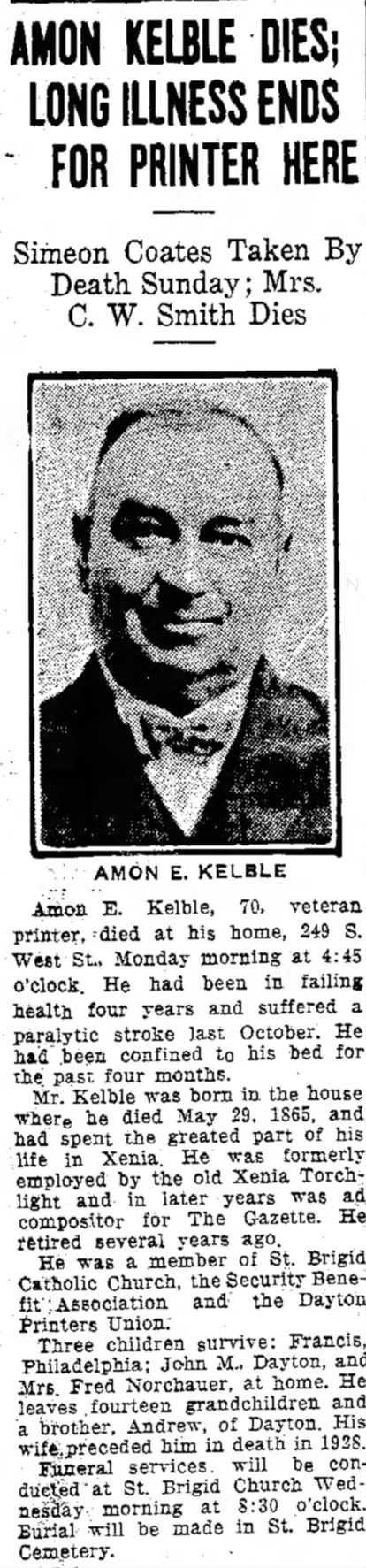 Amon E. Kelble Death - 12 Aug 1935