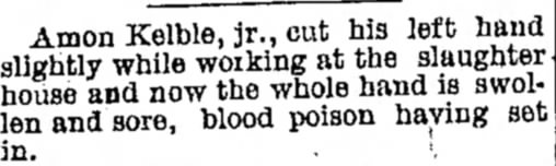 Amon Kelble Jr. Cuts Hand at Slaughterhouse - 10 Jan 1890