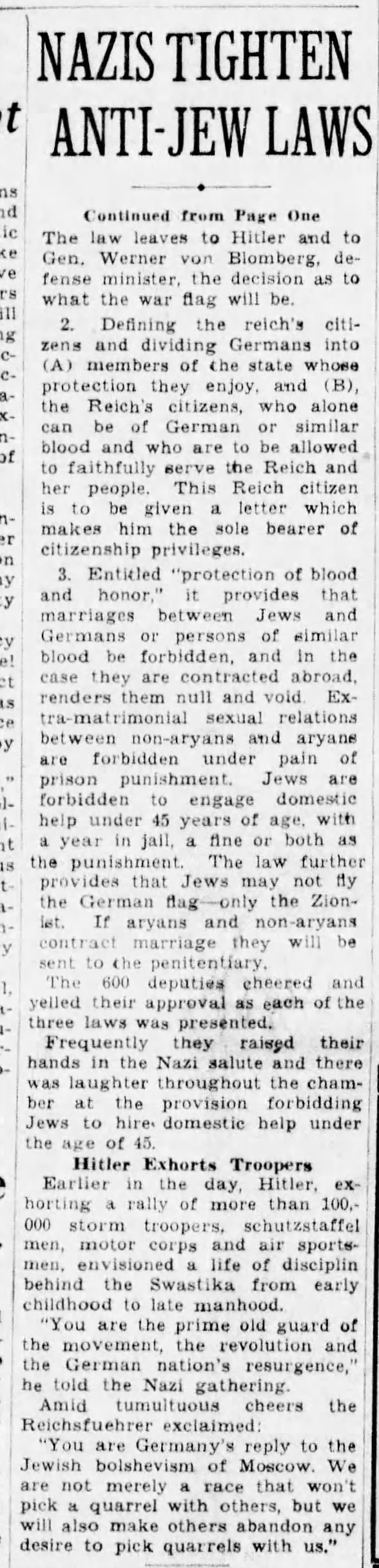 Germany Denies Jews Citizenship - Sept 16, 1935 Page 2