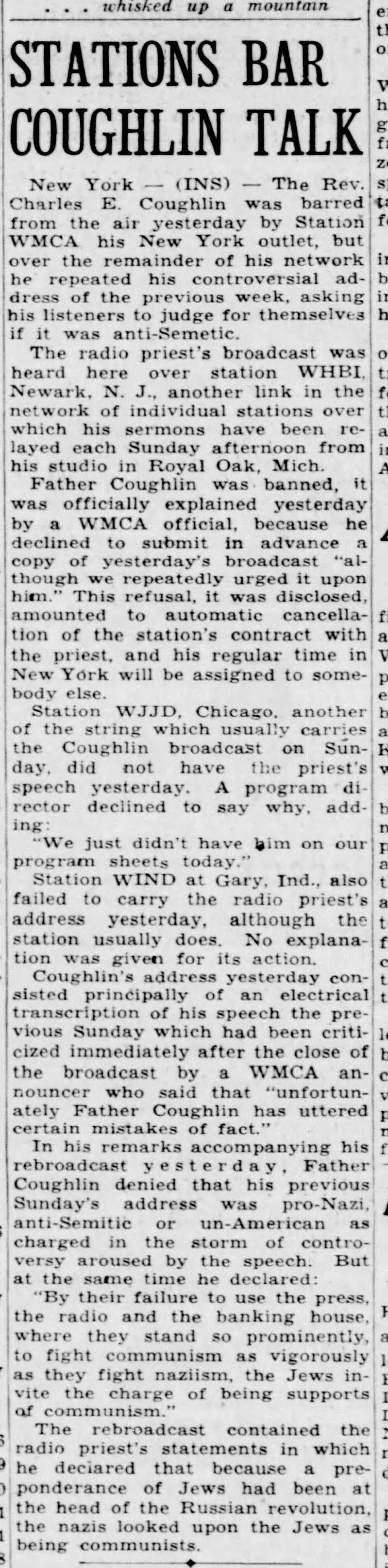 Stations Bar Father Coughlin Talk - Nov 28, 1938