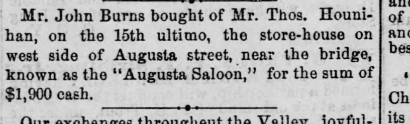 Thos J Hounihan sold Augusta Saloon
Staunton Spectator 5 Nov 1872