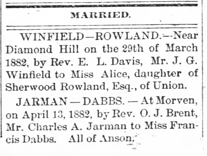 Frances Dabbs and Charles Jarman Married from Anson Times - 20 Apr 1882