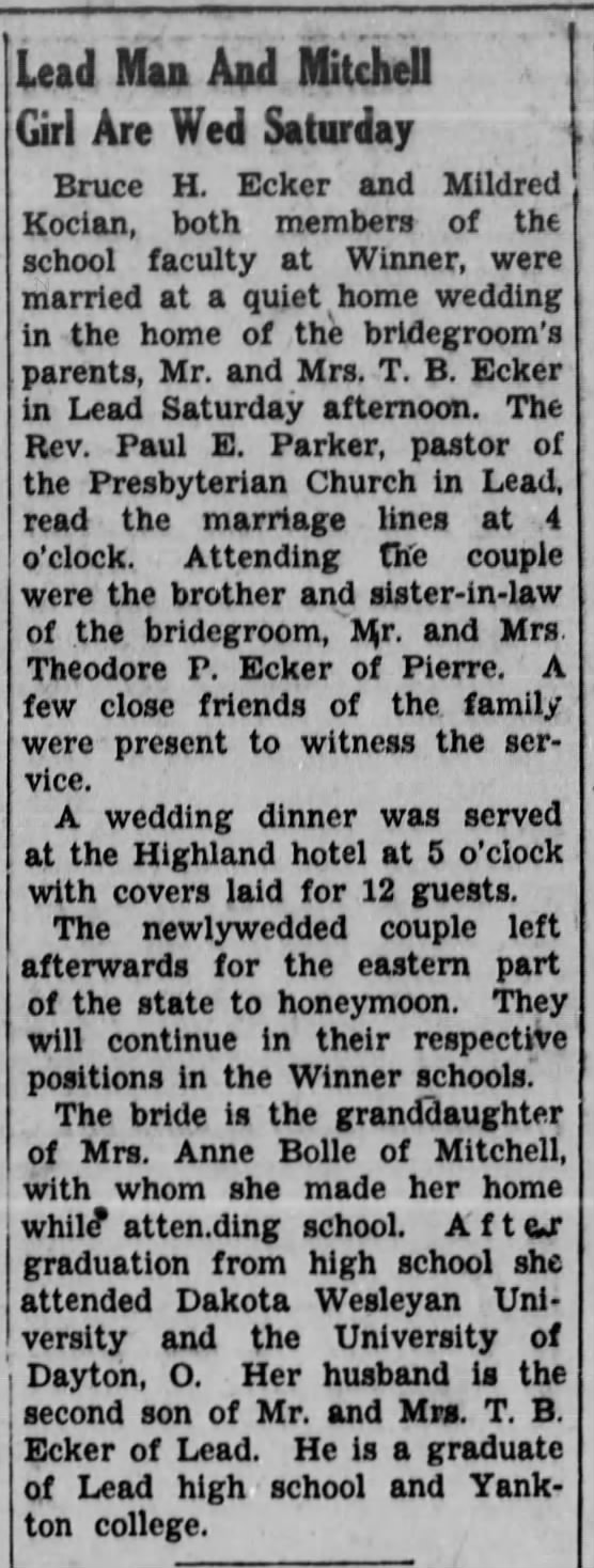 Mildred Kocian and Bruce Ecker Wedding from Lead Daily Call SD - 29 Feb 1948
