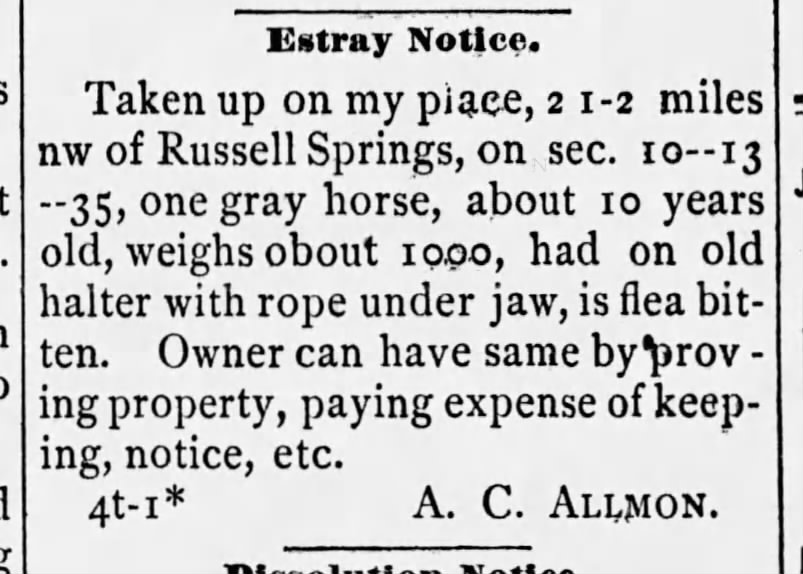 Alonzo Allmon finds a horse on property Russel Springs KS Aug 18 1887