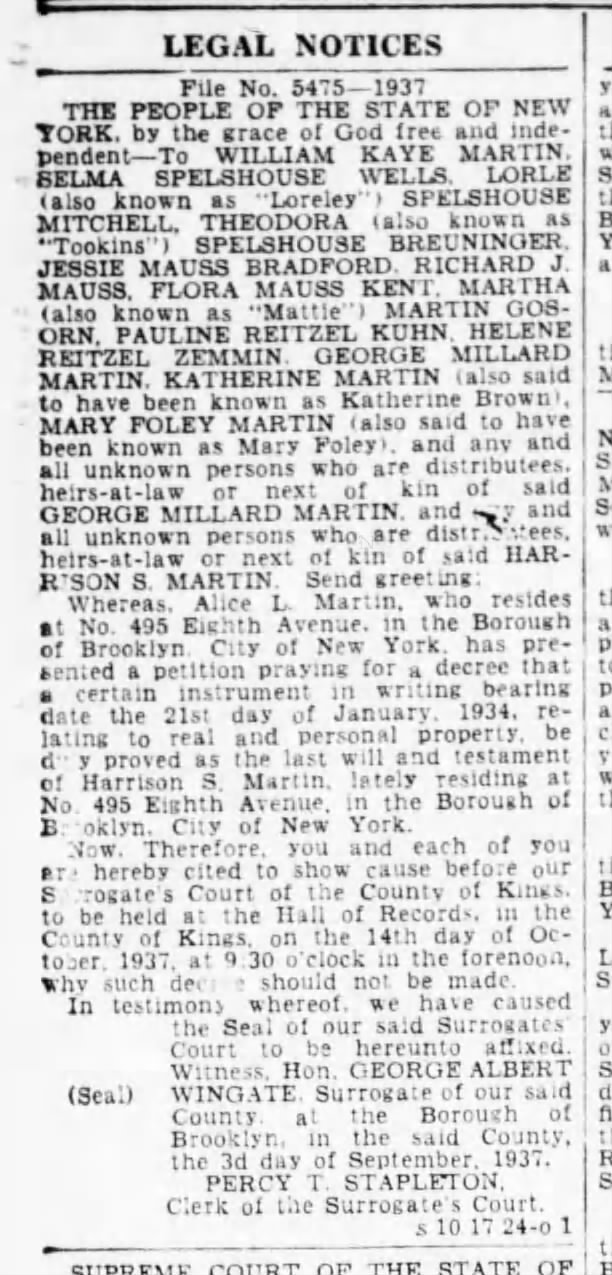 Legal notice to Richard G. Mauss et al - Brooklyn Daily Eagle (NY), 10 Sep 1937, Fri, pg. 26.