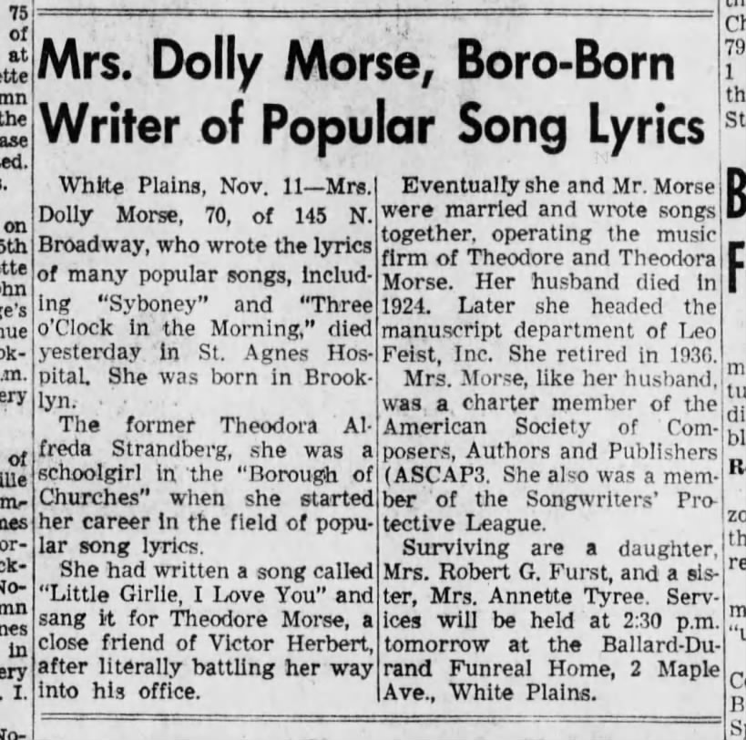 Dolly Morse's obit - Brooklyn Daily Eagle (NY), 11 Nov 1953, Wed, pg. 9.