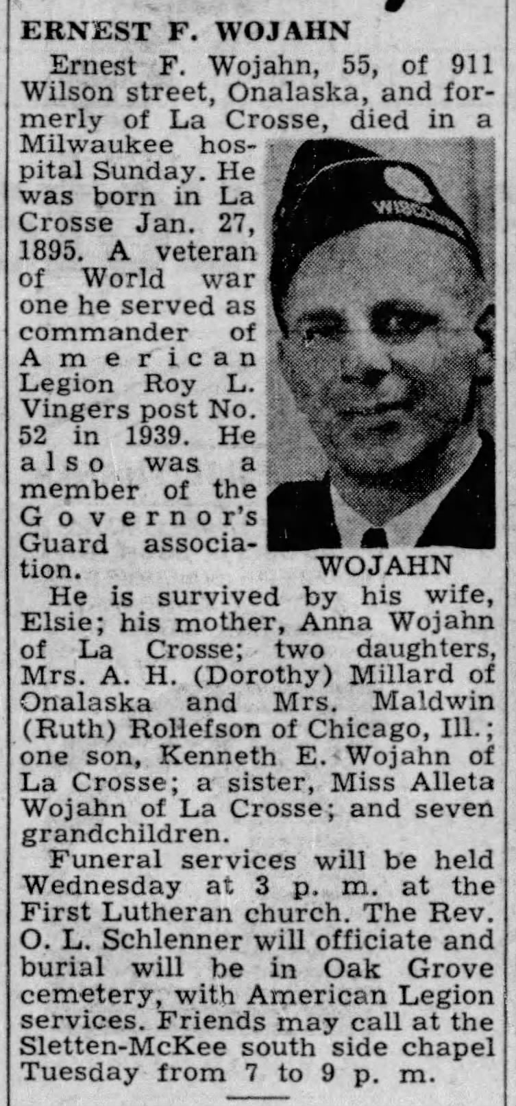 Ernest F Wojahn Obituary