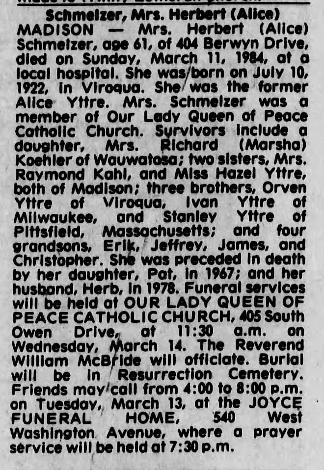 Obituary for Alice Schmelzer, 1922-1984 (Aged 61)
