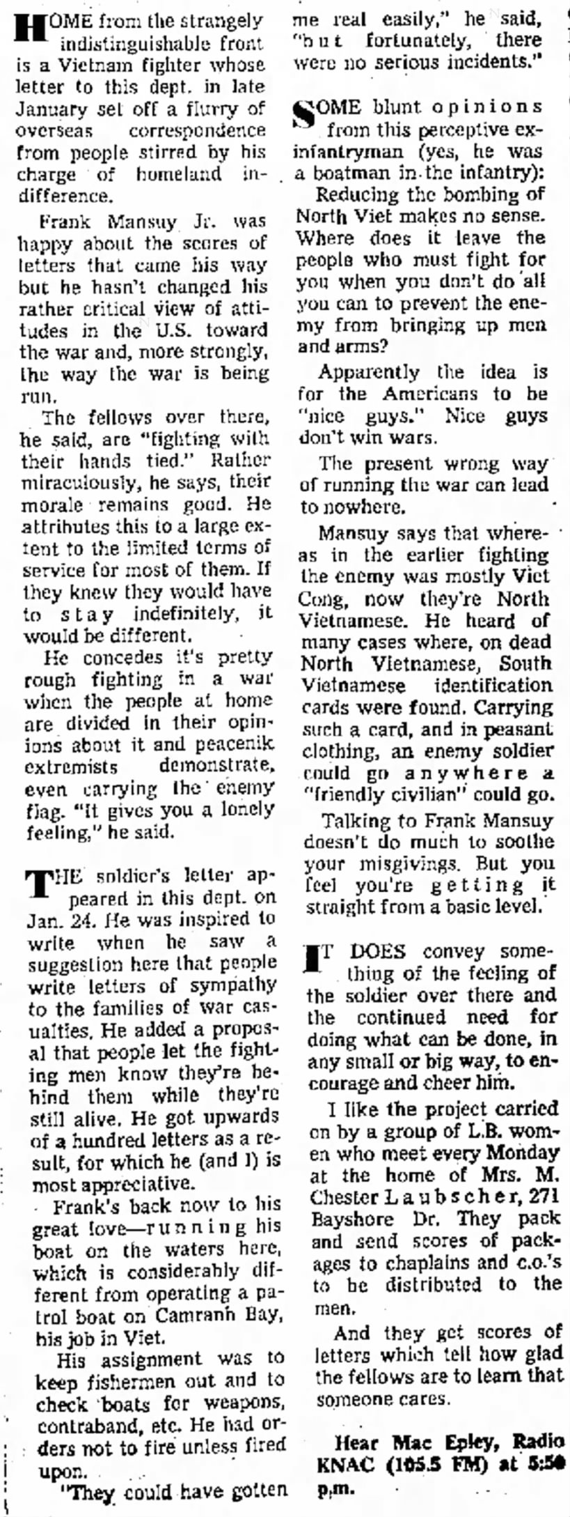 Frank Leo Mansuy Jr. Vietnam Letter Part 2