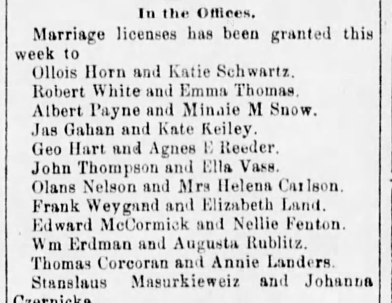 Marriage License Thomas Cocoran and Annie Landers