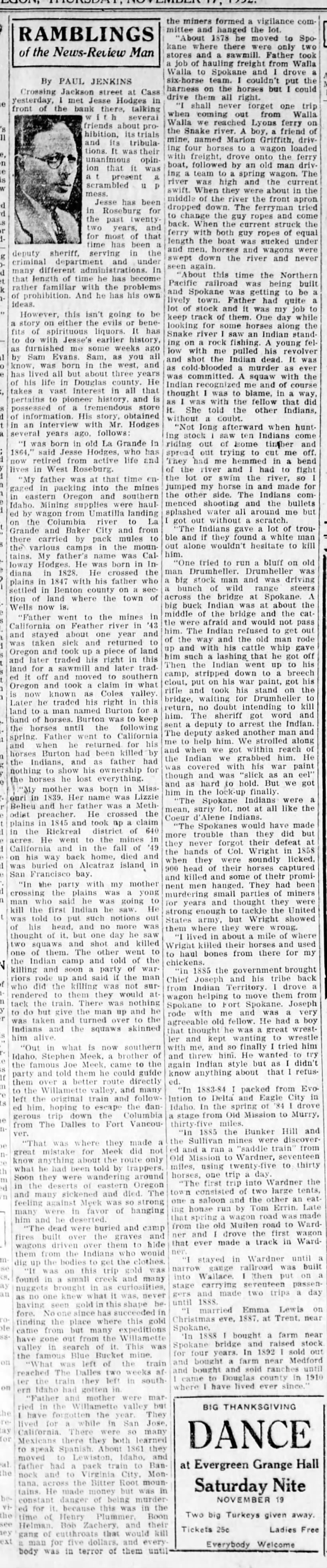 Calloway Hodges life story, as told by his son. The News-Review, Roseburg Oregon, Nov. 17, 1932