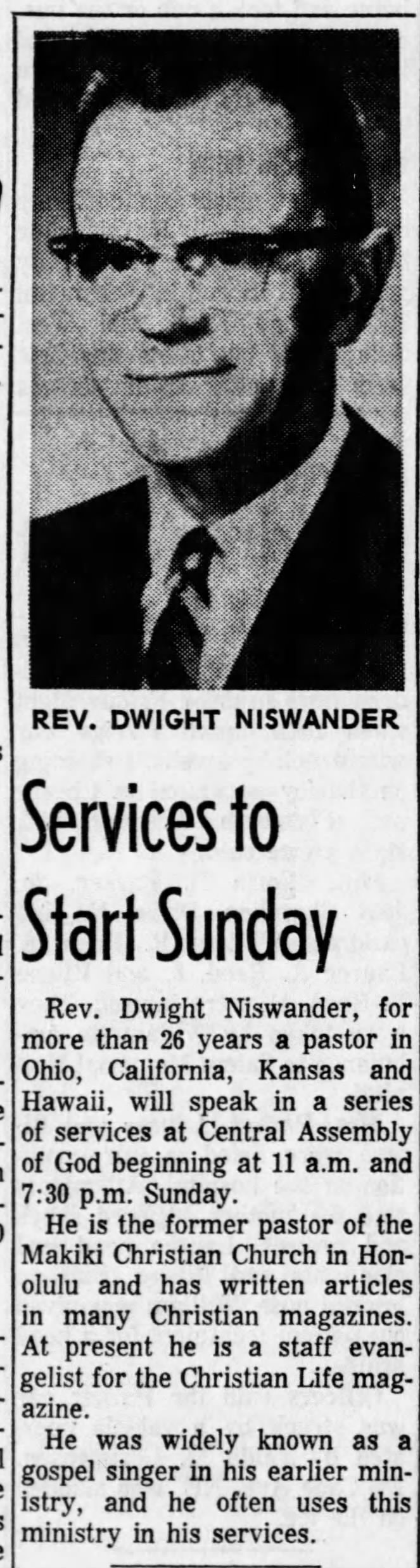Dwight Niswander, staff evangelist for Christian Life magazine, in Salem, OR in 1964