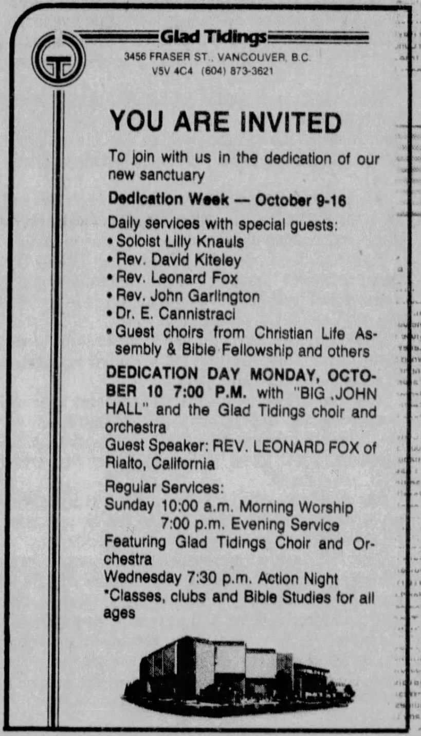GLAD TIDINGS DEDICATION WEEK (Oct 1983)
