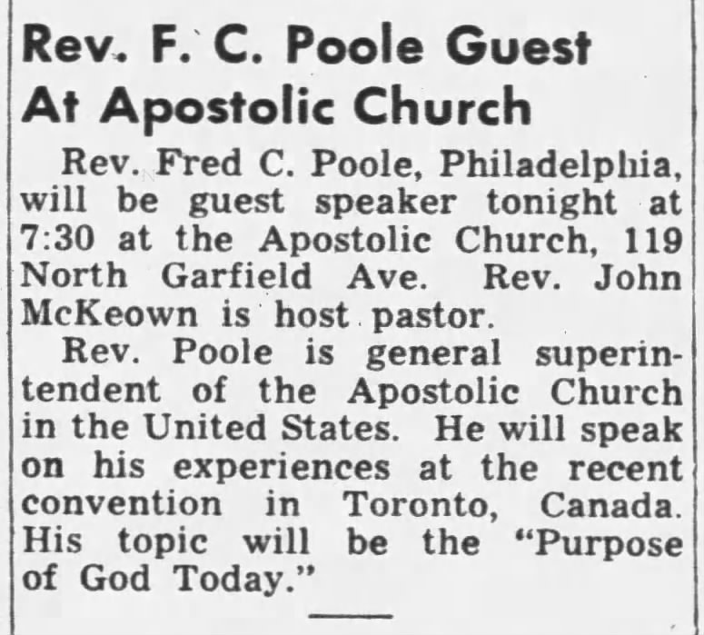 Fred Poole "general superintendent" (Oct 1949) … recent convention in Toronto