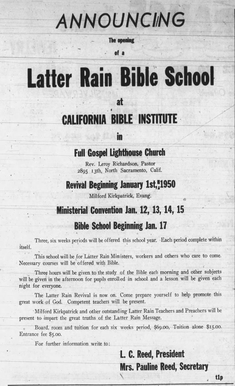 Latter Rain Bible School ... Kirkpatrick, Leroy Richardson, Reed (Nebraska, Jan 1950)