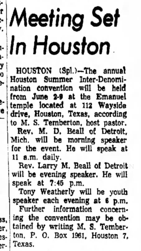 Tony Weatherly, Mom Beall, and Harry Beall speaking in Houston 1963