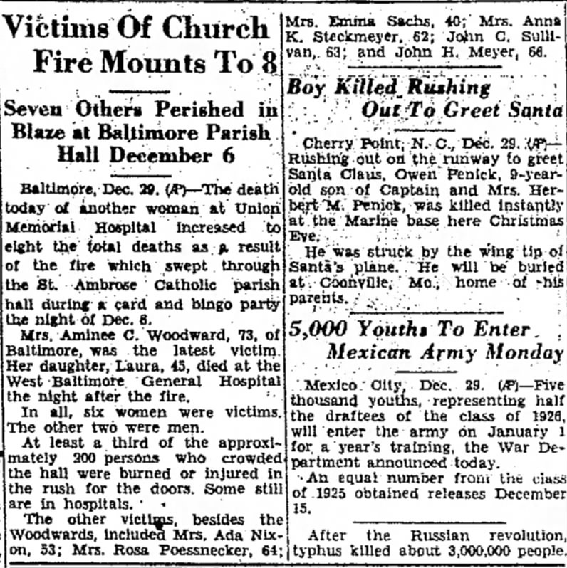 St Ambrose Fire  - all 8 victims identified here.  Cumberland Evening Times, Dec 29, 1944