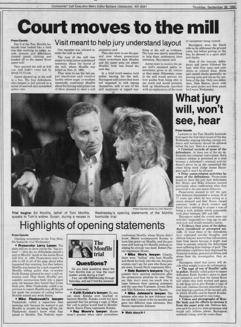 Sept 28, 1995, Monfils Homicide: Jurors go to mill, Opening statements pg 1