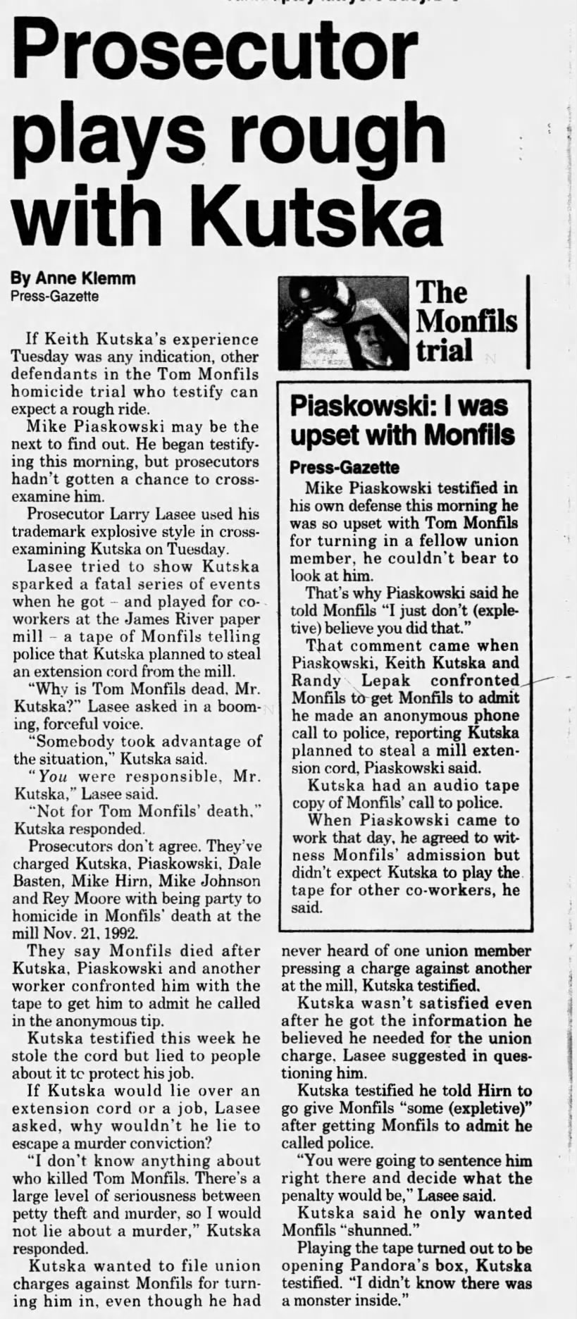 Oct 18, 1995, Monfils Homicide: Prosecutor plays rough with Kutska