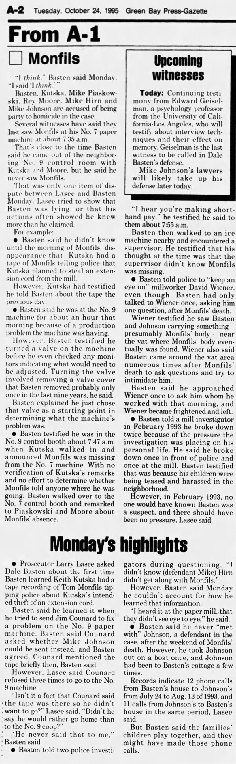 Oct 23, 1995, Monfils Homicide: Prosecutors hammer Basten Credibility pg 1
