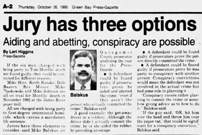 Oct 26, 1995, Monfils Homicide:  Jury has 3 options