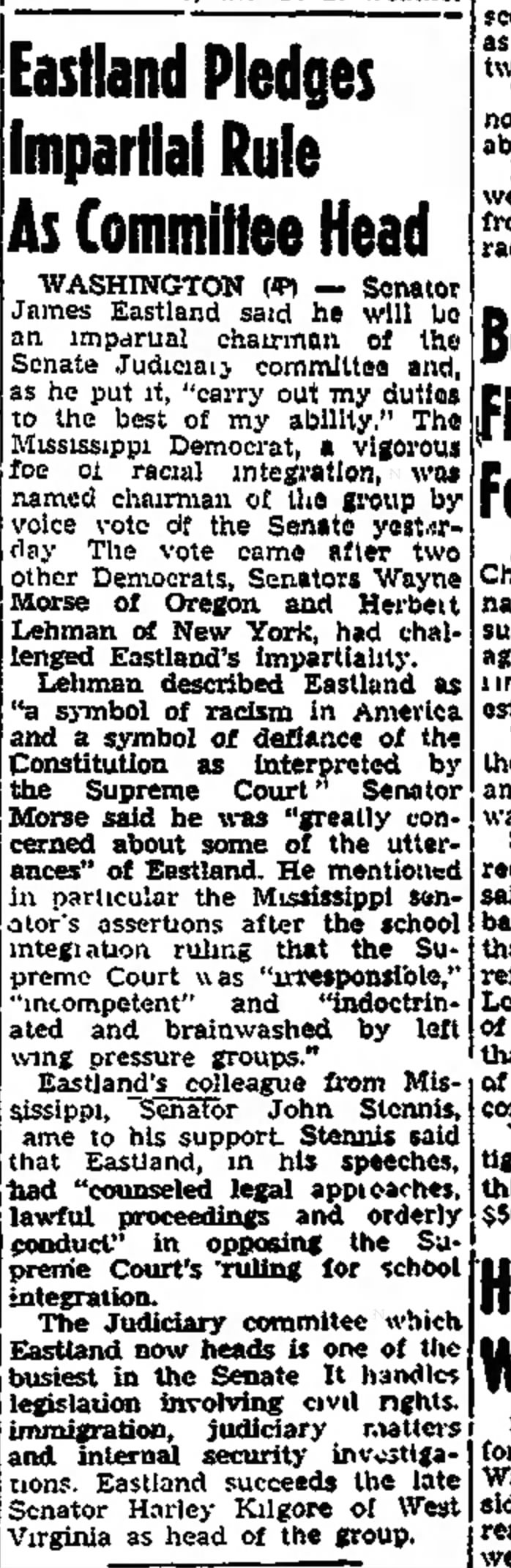 Wayne Morse opposes Eastland for Judiciary Chairman 1956