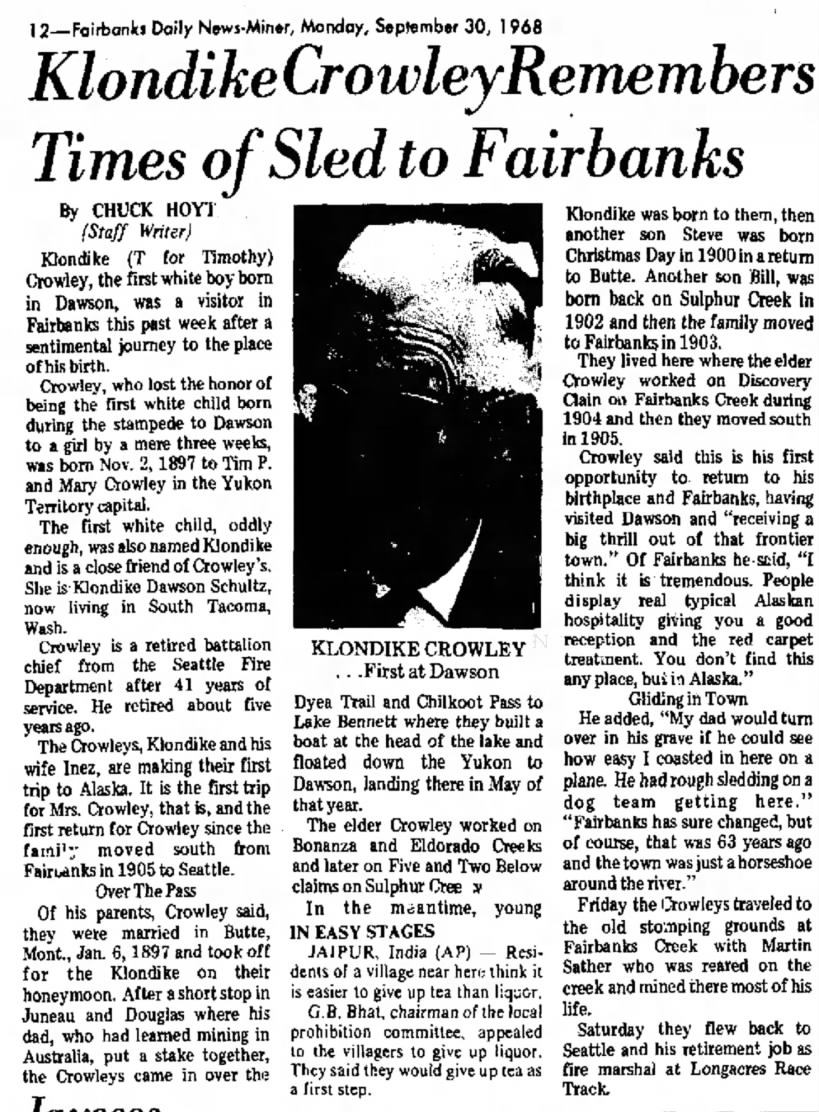 Fairbanks newspaper article on Klondike Crowley 1968