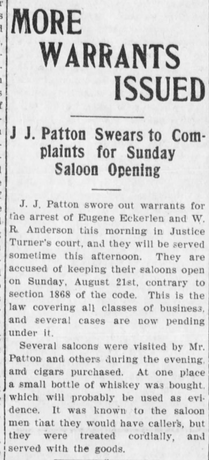 JJ Patton Swears to Complaints for Sunday Saloon Opening