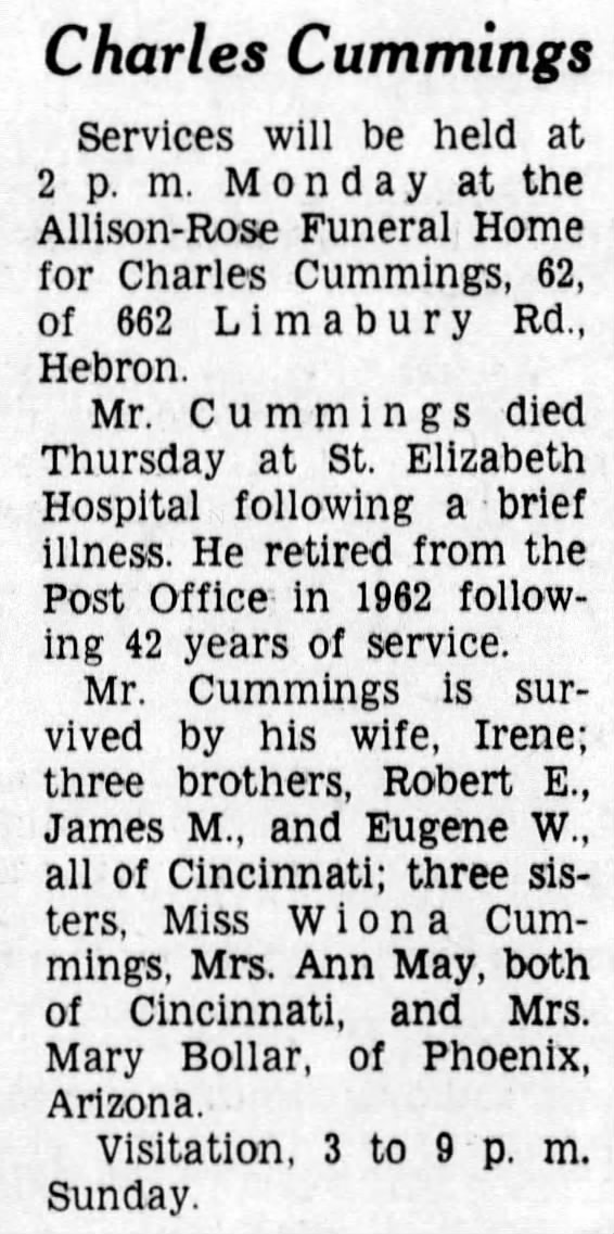 CIncinnati Enquirer 20 Apr 1963 p7 Charles Cummings Jr funeral notice