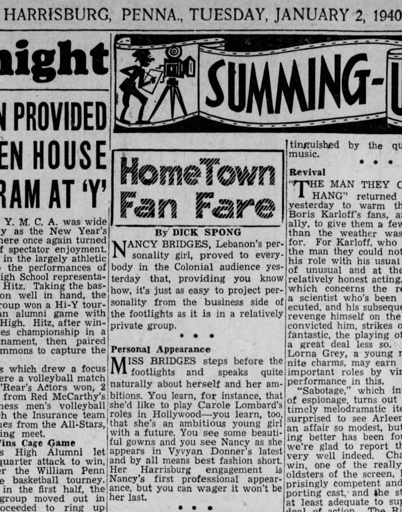 Evening News Harrisburg PA 2 Jan 1940: Nancy Bridges first professional appearance