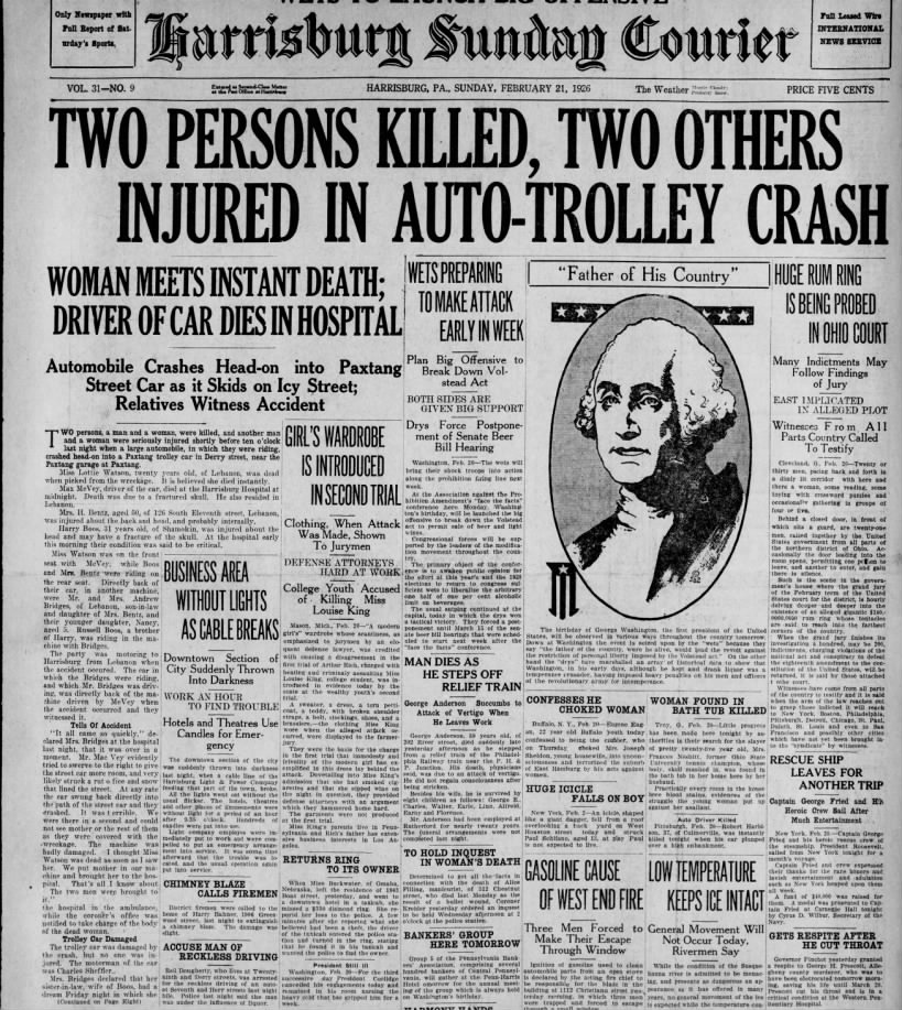 Harrisburg Sunday Courier PA 21 Feb 1926 p1: Gwennie Bentz in auto accident