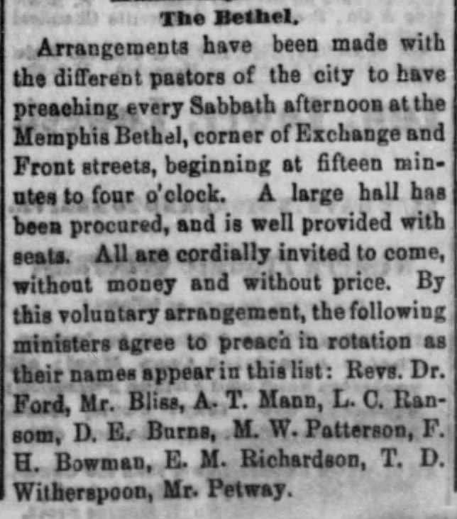 FBC, 1869: pastorates-Burns-preaching-misc-Memphis Bethel