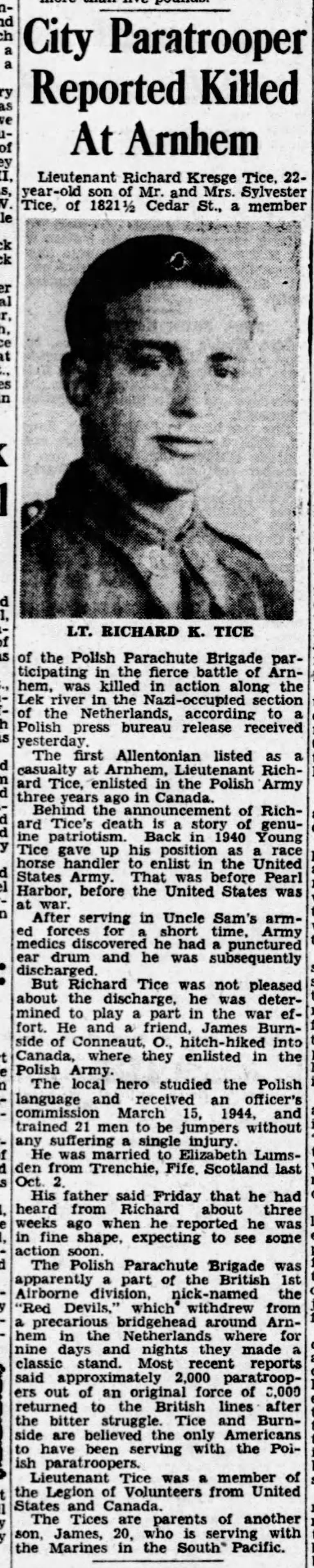 Paratrooper Richard Kresge Tice Killed At Arnhem.
"The Morning Call"
Sat. 30 Sep. 1944
