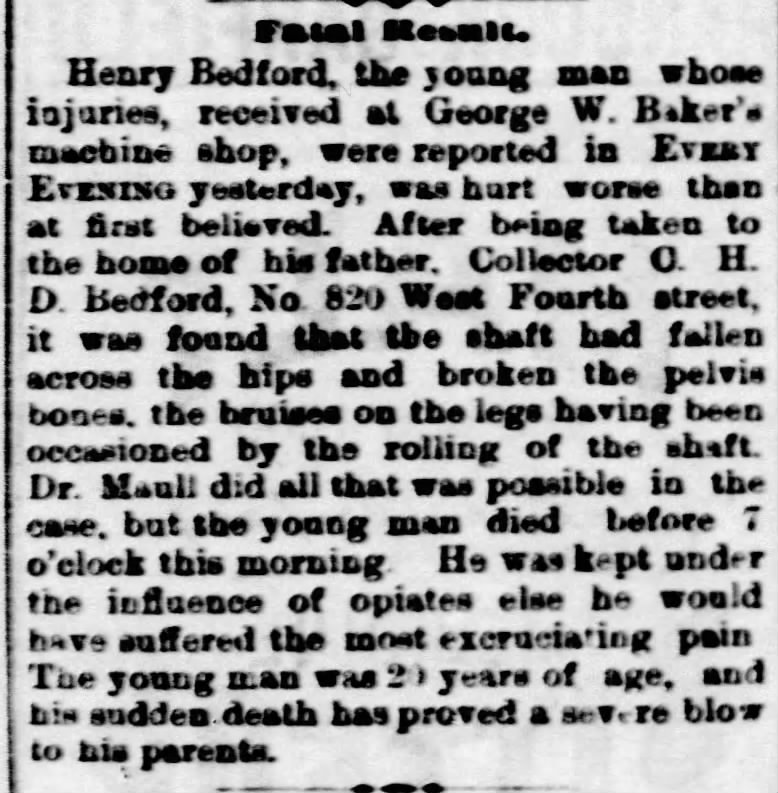 Henry Bedford - Fatal accident at machine shop - Aug 1880