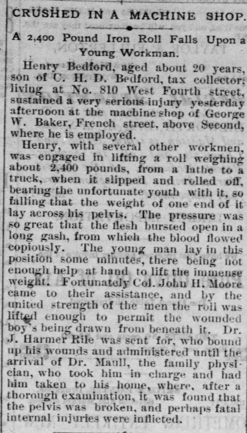 Henry Bedford Crushed In a Machine Shop - Aug 1880