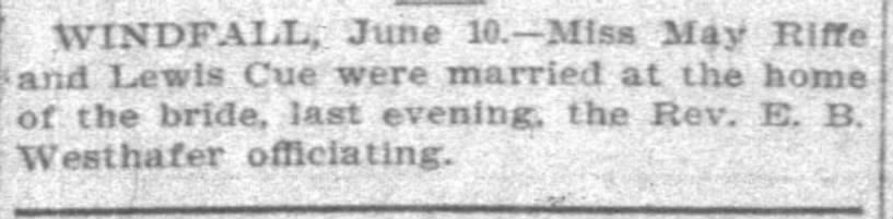 James Lewis Cue - Riffe Marriage - Indianapolis News - 10 Jun 1902