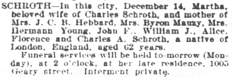 Martha Schroth obituary 1900