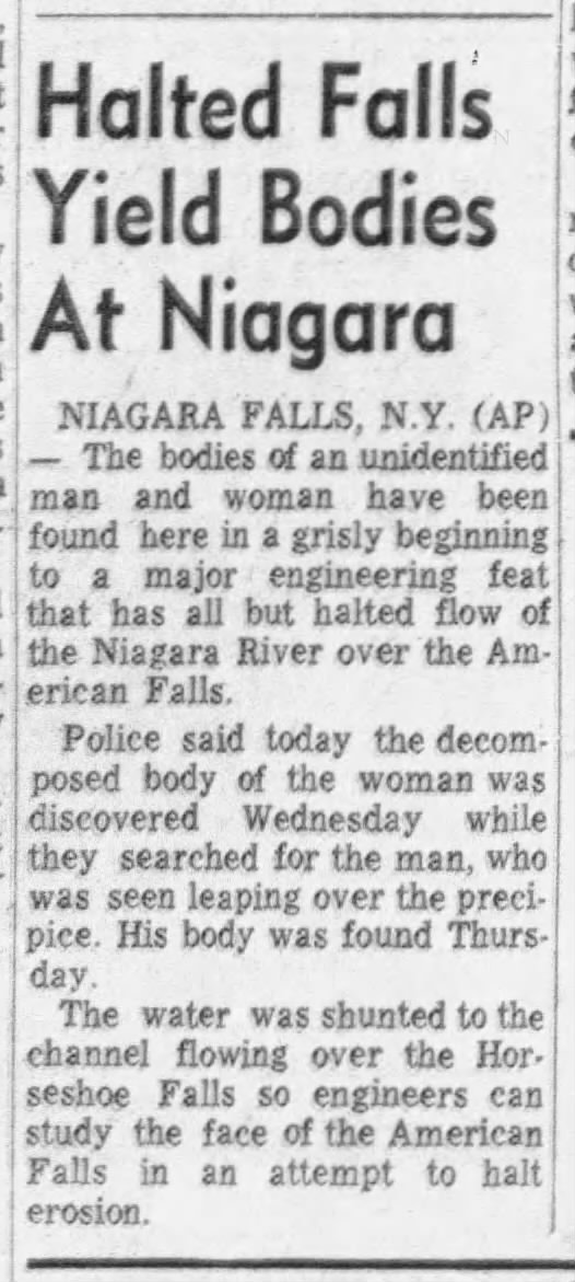 Two bodies found under American Falls at Niagara, 1969