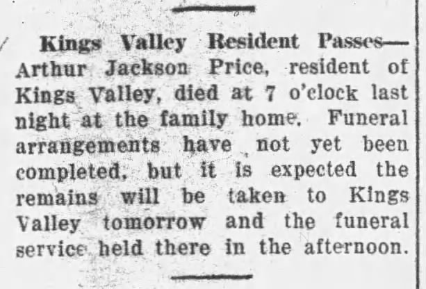 Obituary for Arthur Jackson Price 1879-1925