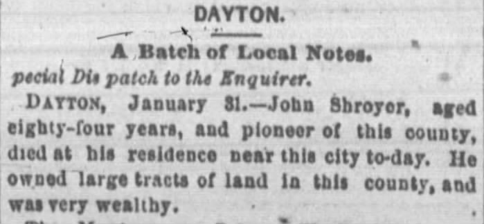 John Shroyer death Feb 1 1876