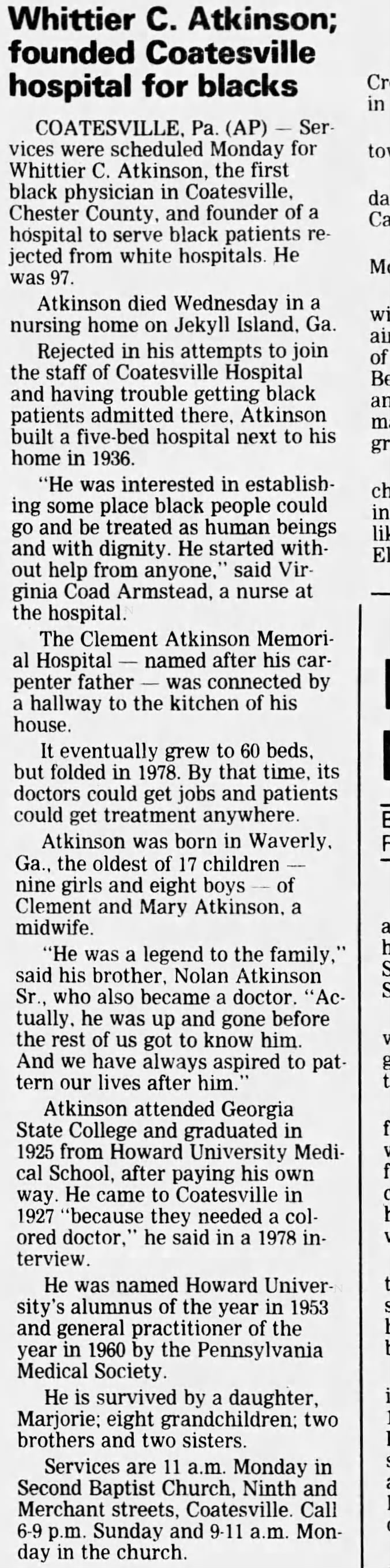 Dr. W. C. Atkinson obituary in newspapaers