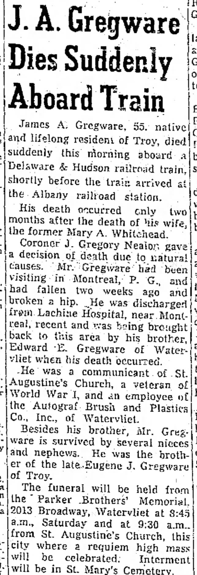 J.A. Gregware Dies Aboard Train  4/30/52 newspaper